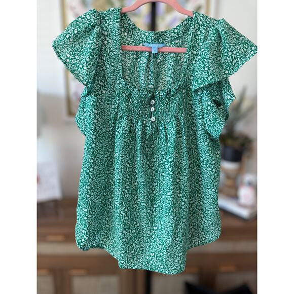 Draper James RSVP Flutter Sleeve Floral Print Smocked Top Green Womens Sze Large - Picture 1 of 9
